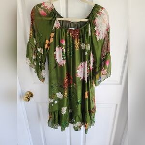 FLORAL Green SILK BLEND DRESS LINED. MADE IN ITALY. Sz Large